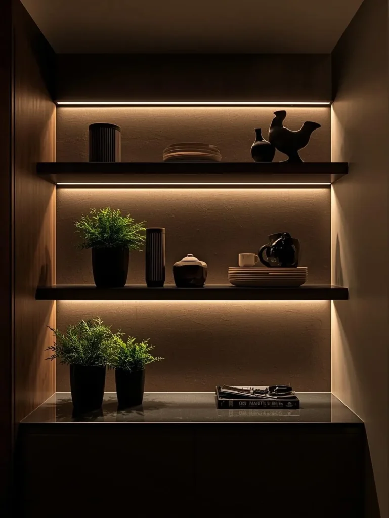 9. Install Floating Shelves with Lighting
