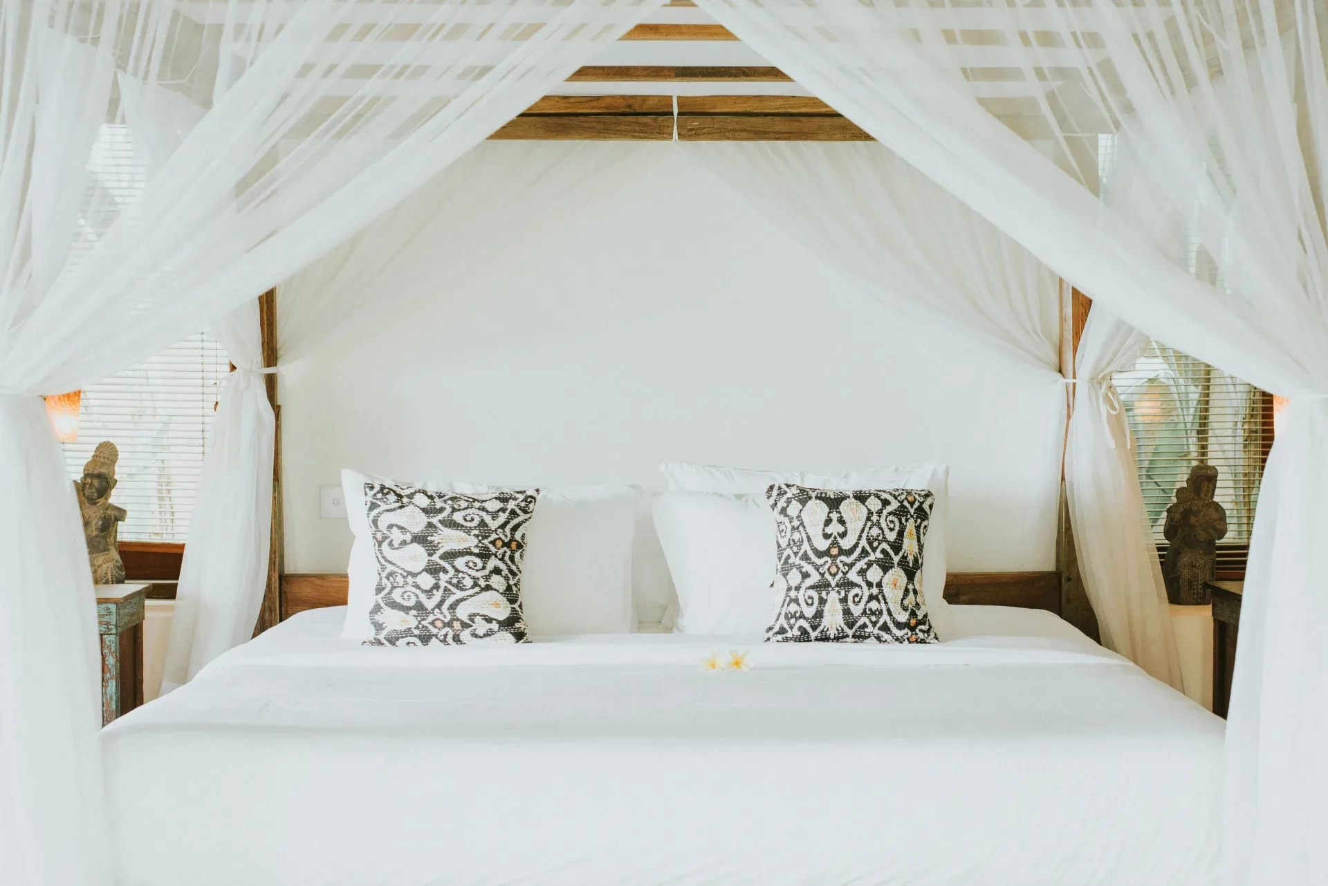 A bed with a white canopy over it