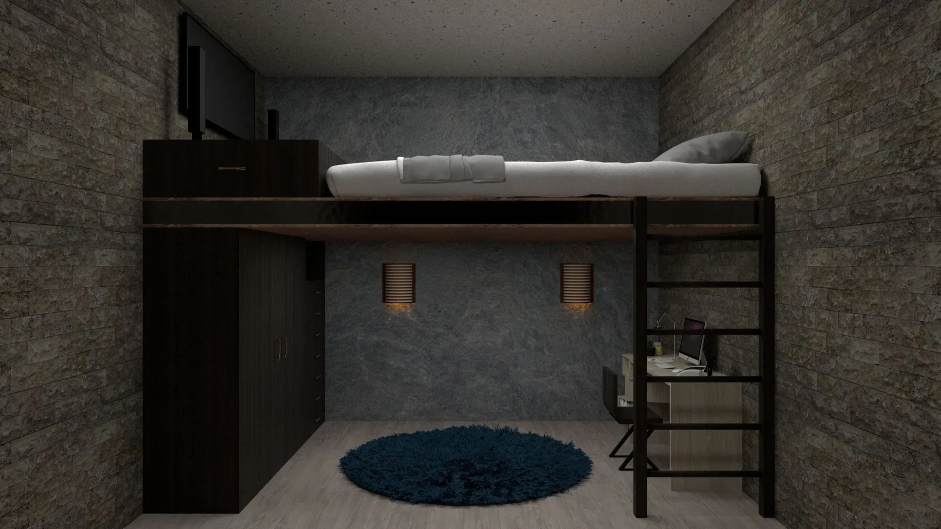 A stylish loft bedroom featuring a bed above a home office space, perfect for maximizing small spaces.