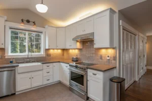 Bright and spacious kitchen with white cabinetry and sleek appliances.
