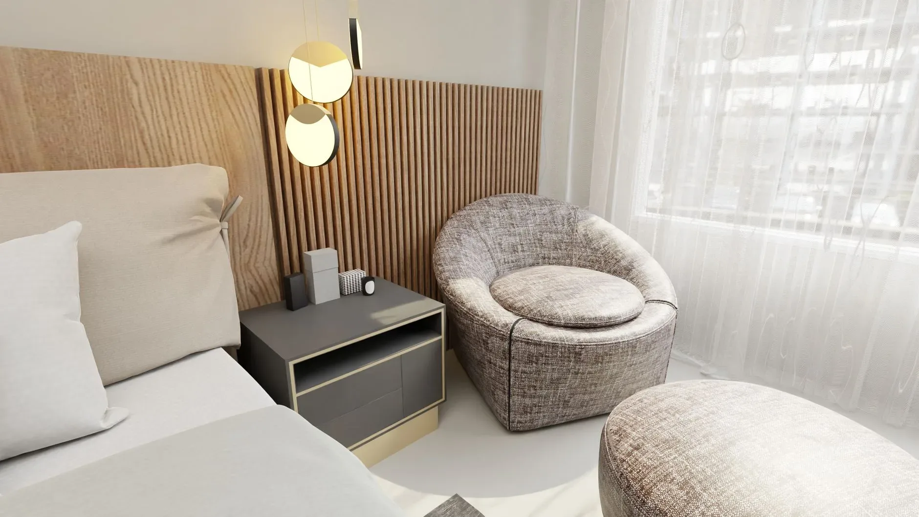 Contemporary bedroom design with sleek furniture and soft lighting.