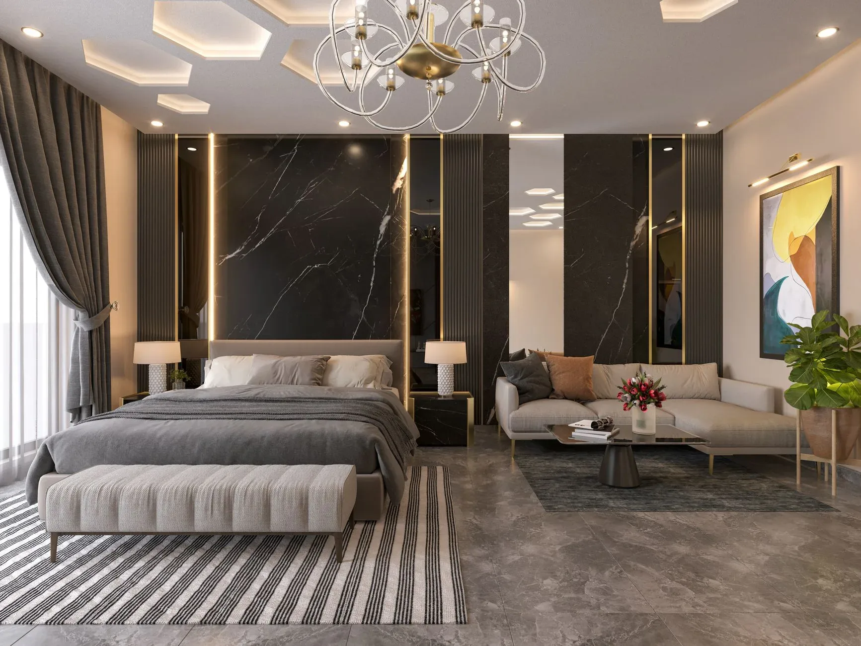Discover a chic, elegant bedroom showcasing modern luxurious decor with a seamless blend of style and comfort.