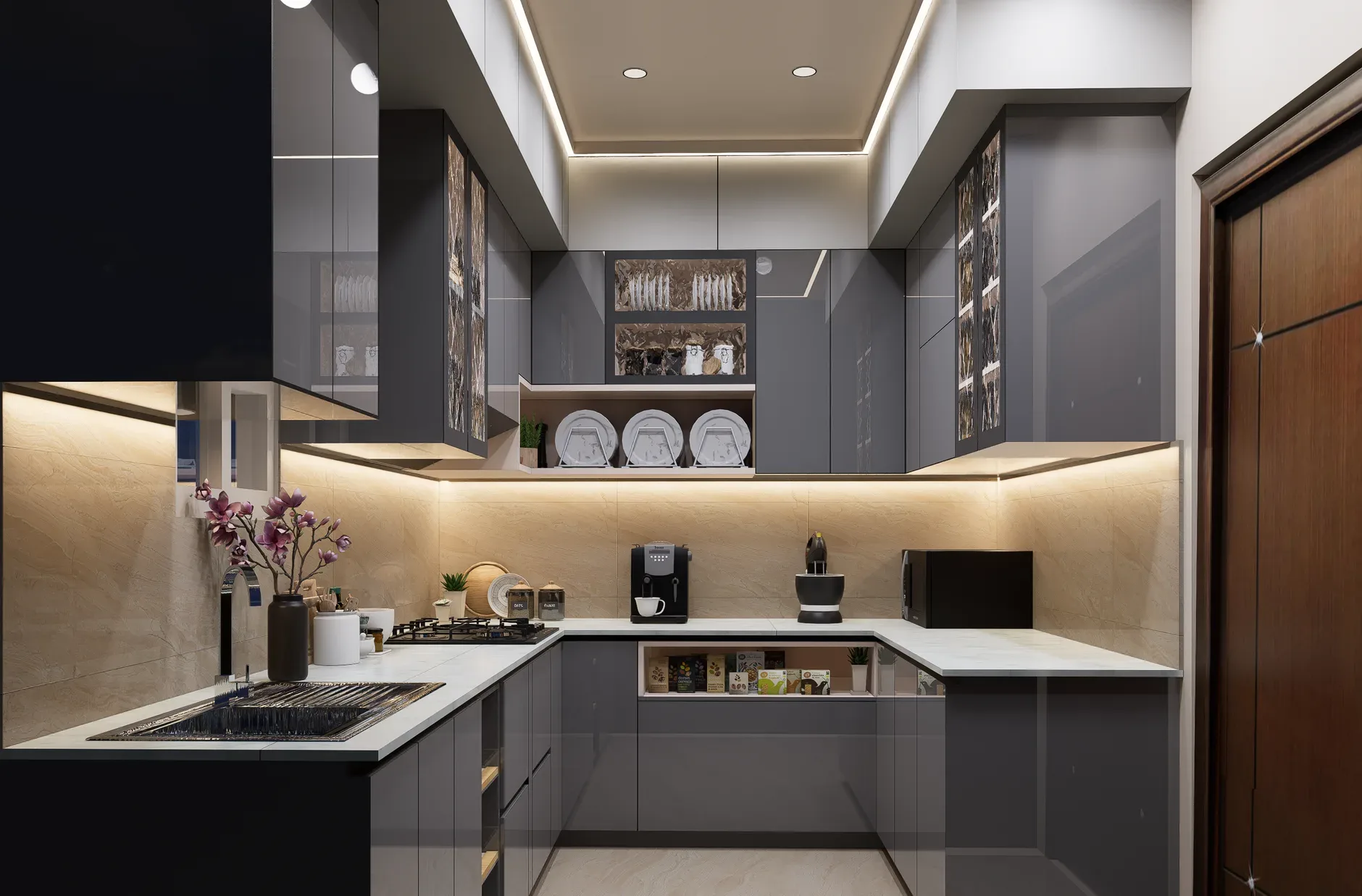 Elegant modern kitchen featuring gray cabinets, sleek appliances, and under-cabinet lighting.