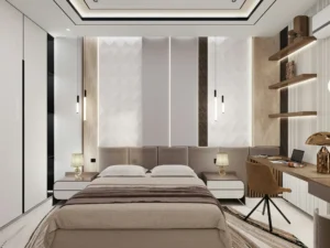 Modern bedroom with a large bed and desk.