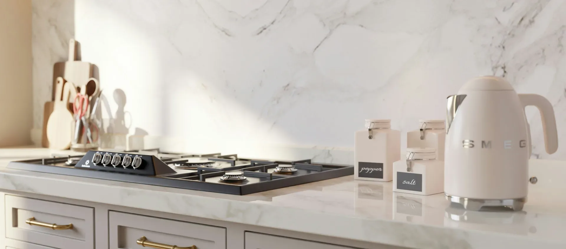 Modern kitchen with a stove and white kettle.