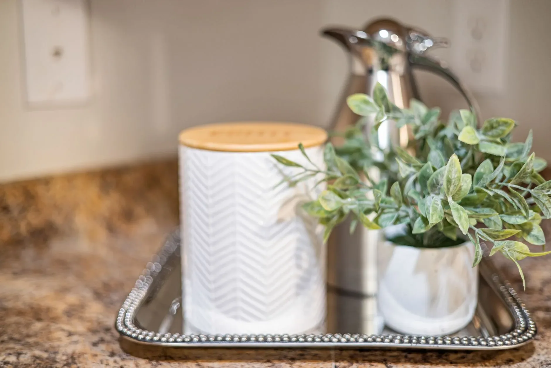 Sleek kitchen setup featuring a plant, a chevron-patterned jar, and a stainless steel pitcher on a tray.