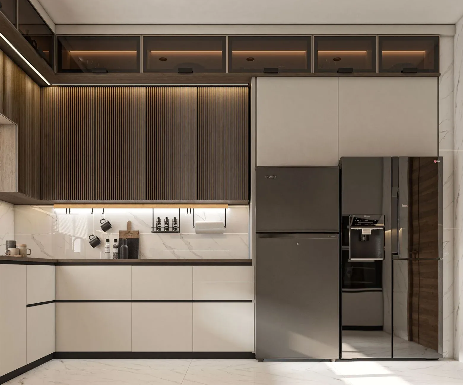 Sleek modern kitchen with polished cabinetry and stainless steel appliances.
