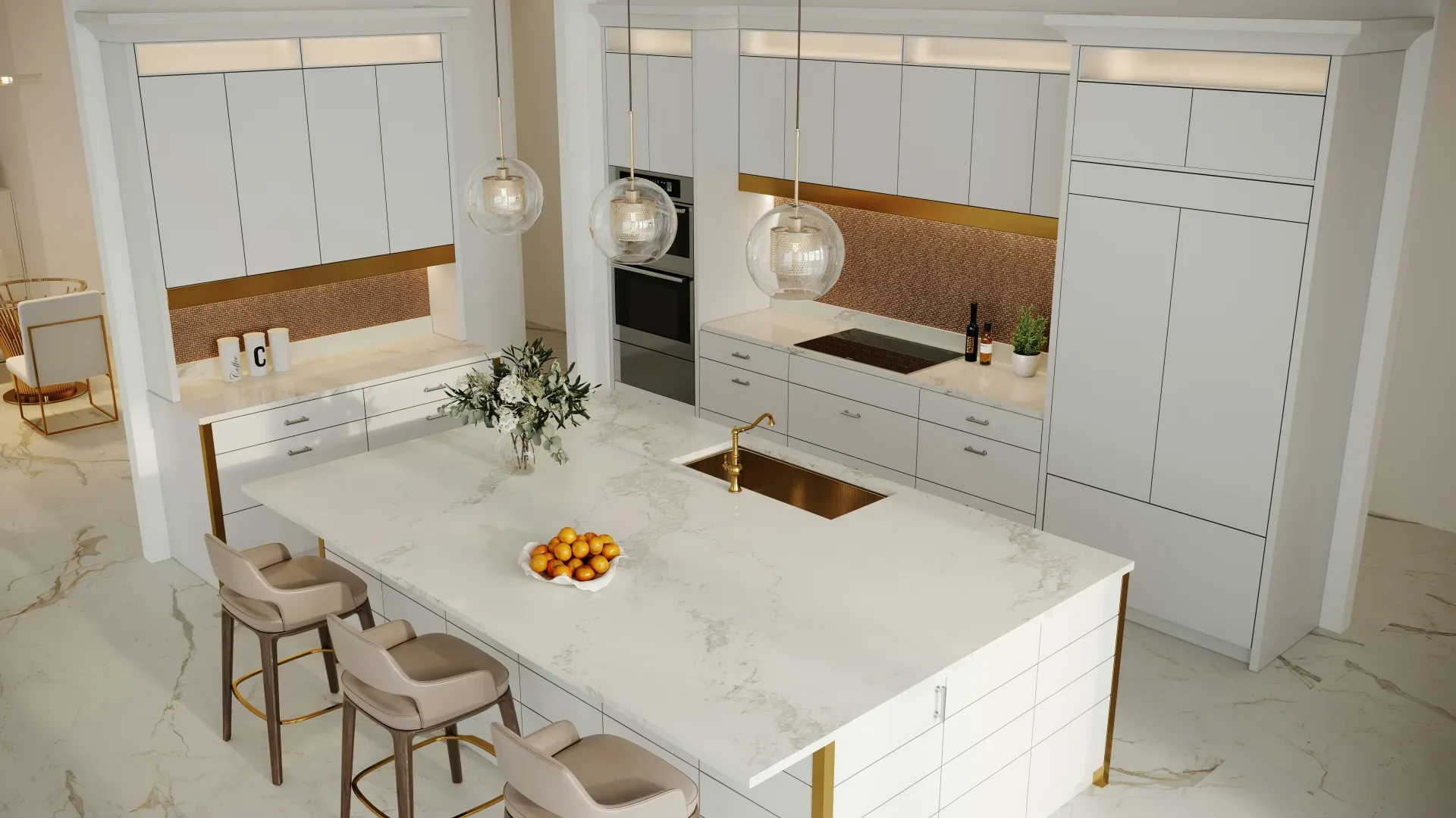a kitchen with a center island and a sink