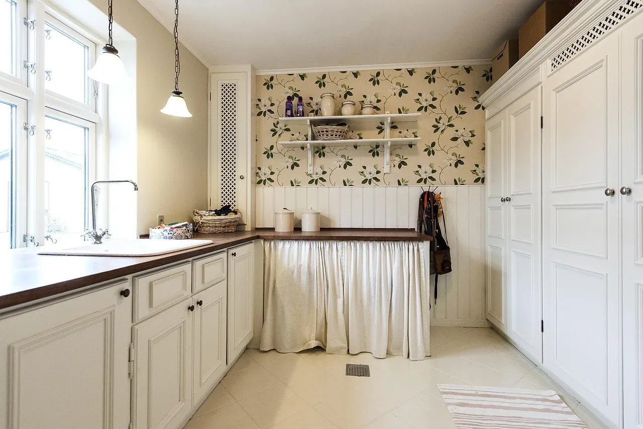 open kitchen shelving with stacked plates